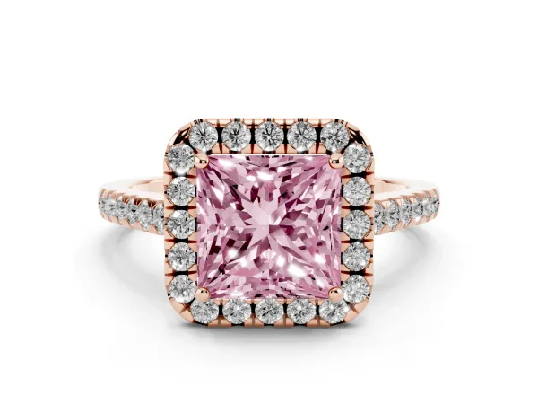 Fancy Pink Princess Cut Halo Pave Diamond Engagement Ring with Four-Prong Setting Rose gold