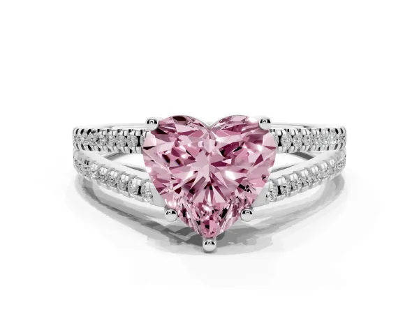 Fancy Pink Heart Cut Diamond Solitaire Engagement Ring with Split Shank Pavé Band Platinum