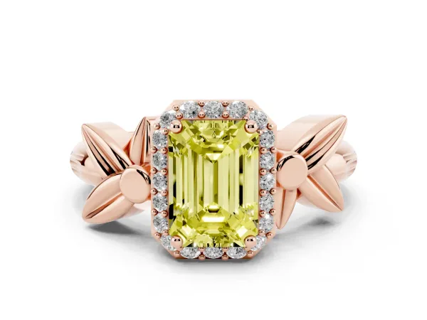 Fancy Yellow Emerald Cut Halo Diamond Floral Band with Four-Prong Setting Rose gold