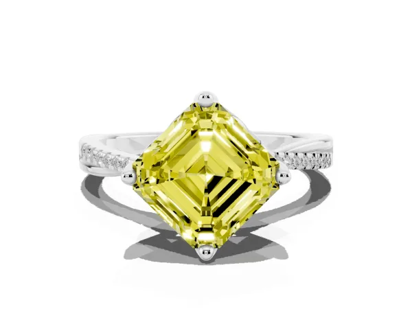 Fancy Yellow Asscher Cut Solitaire Twist Band with Pavé Diamonds and Four-Prong Setting Platinum