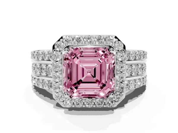Fancy Pink Asscher Cut Halo Diamond Ring with Round Split Shank and Prong Setting White gold
