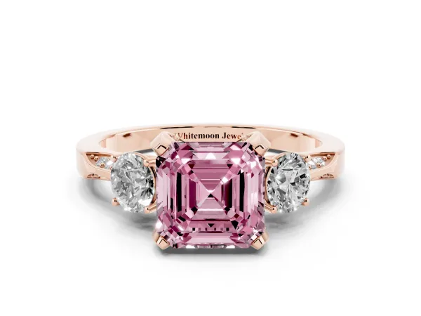 Fancy Pink Asscher Cut Brilliant Three-Stone Diamond Ring with Pavé Band and Four-Prong Setting Rose gold