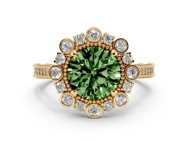 Fancy Green Round Cut Halo Milgrain Pave Diamond Ring with Four-Prong Setting Yellow gold