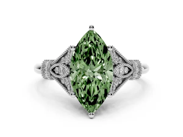 Fancy Green Marquise Cut Diamond Solitaire Ring with Floral Filigree and Pave Accents White gold