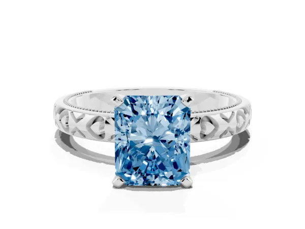 Fancy Blue Radiant Cut Solitaire Diamond Engagement Ring with XO Engraved Band and Four-Prong Setting Platinum