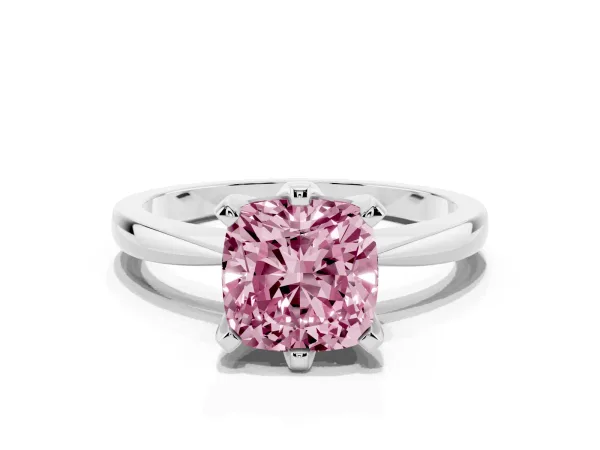 Fancy Pink Cushion Cut Solitaire Engagement Ring with Six-Prong Setting and Tapered Band Platinum