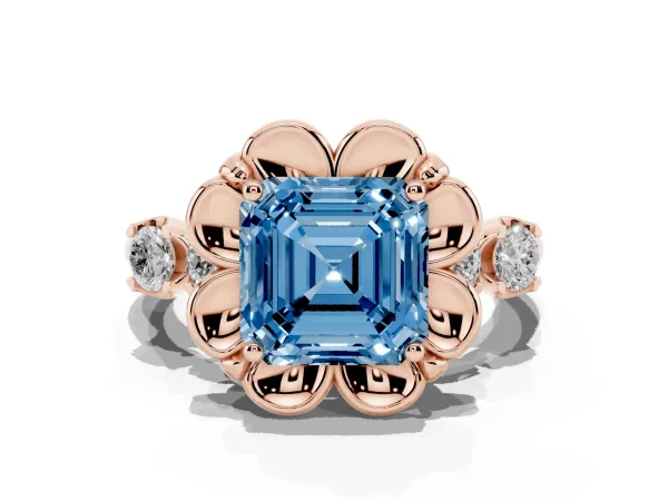 Fancy Blue Asscher Cut Cut Diamond Floral Halo Engagement Ring with Shared Prong Setting Rose gold