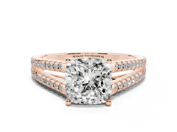 Cushion Cut Diamond Solitaire Engagement Ring with Split Shank Pavé Band Rose gold