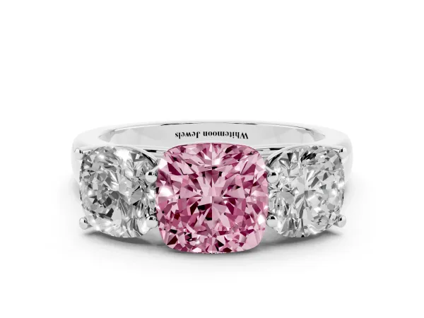Fancy Pink Cushion Cut Three-Stone Diamond Ring with Prong Setting on a Classic Band White gold