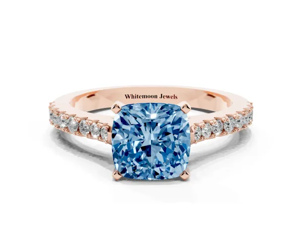 Fancy Blue Cushion Cut Cut Solitaire Diamond Engagement Ring with Pave Band and Four-Prong Setting Rose gold