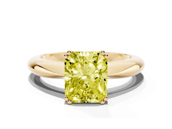 Fancy Yellow Radiant Cut Cut Solitaire Engagement Ring with Tapered Band and Four-Prong Setting Yellow gold