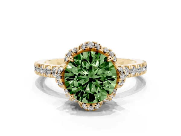 Fancy Green Round Cut Halo Diamond Pave Band Ring with Four-Prong Setting Yellow gold