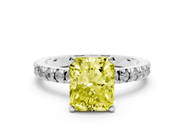 Fancy Yellow Radiant Cut Diamond Pavé Band Solitaire with Four-Prong Setting Platinum