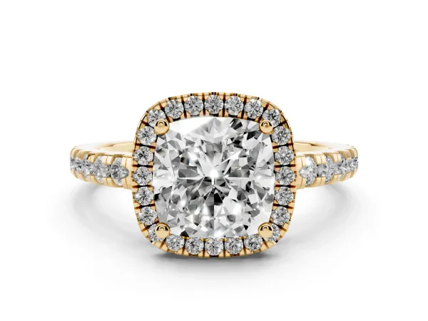Cushion Cut Diamond Halo Ring with Pavé Band and Four-Prong Setting Yellow gold