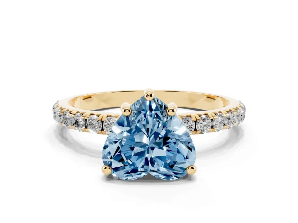 Fancy Blue Heart Cut Cut Diamond Solitaire Ring with Micro Pave Band and Four Prong Setting Yellow gold