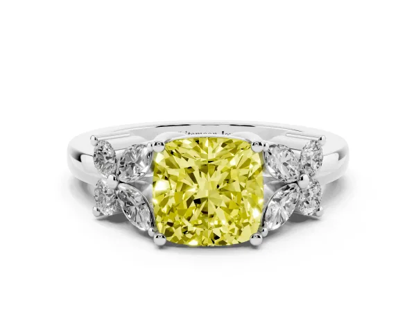 Fancy Yellow Cushion Cut Diamond Floral Cluster Ring with Solitaire Band and Prong Setting Platinum