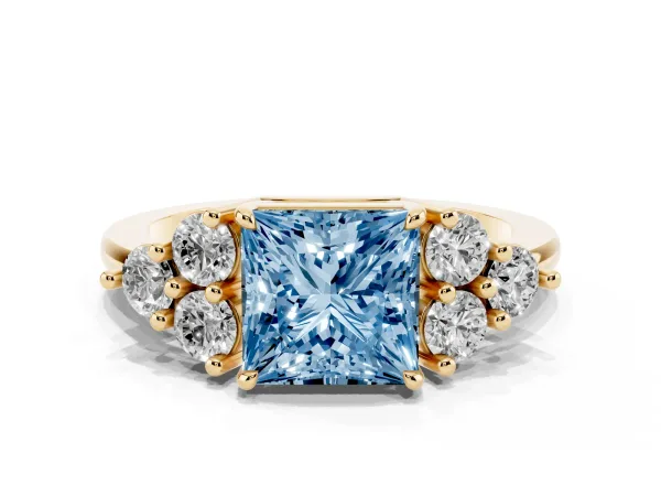 Fancy Blue Princess Cut Brilliant Diamond Cluster Accent Solitaire Ring with Prong Setting Yellow gold