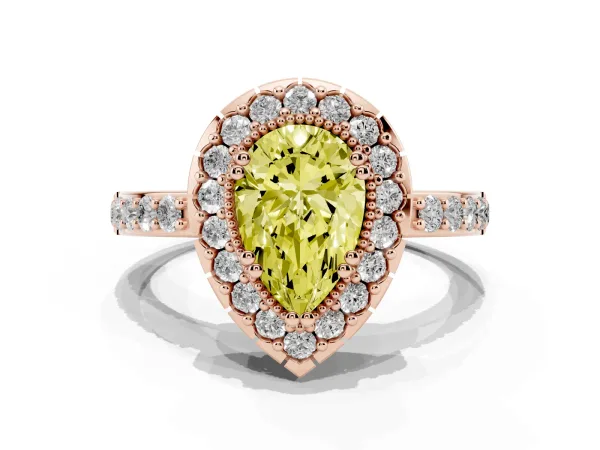 Fancy Yellow Pear Cut Diamond Halo Ring with Pavé Band and Prong Setting Rose gold