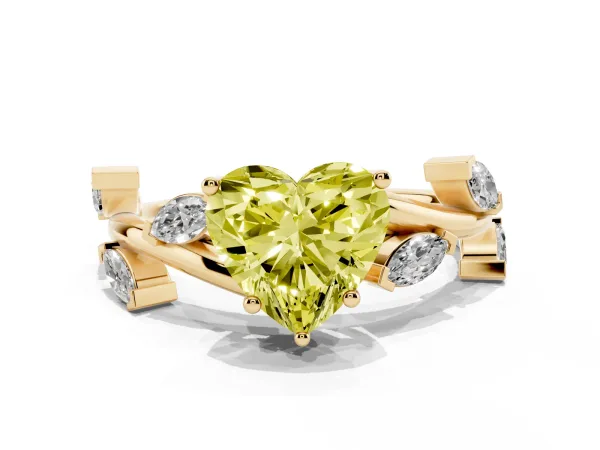 Fancy Yellow Heart Cut Solitaire Twisted Band Marquise Accent Prong Setting Ring Yellow gold
