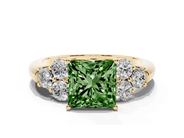 Fancy Green Princess Cut Cut Diamond Cluster Ring with Round Accent Stones and Prong Setting on a Classic Band Yellow gold