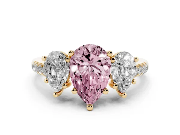 Fancy Pink Three-Stone Pear Cut Diamond Ring with Round Pavé Band and Prong Setting Yellow gold