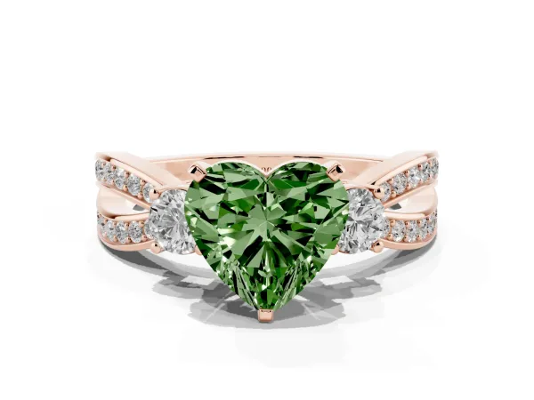 Fancy Green Three-Stone Heart Cut Cut Diamond Twist Band with Prong Setting Rose gold