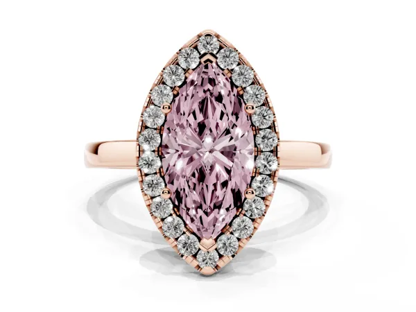Fancy Pink Marquise Cut Halo Diamond Solitaire with Pavé Band and Four-Prong Setting Rose gold