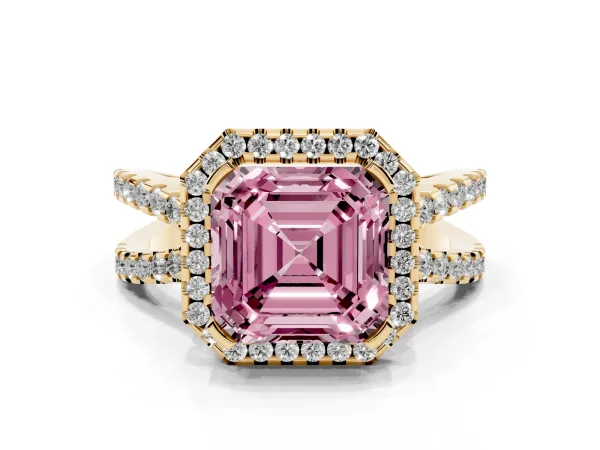 Fancy Pink Asscher Cut Diamond Halo Ring with Split Shank Pavé Band and Prong Setting Yellow gold