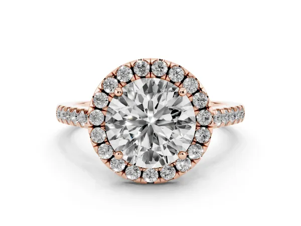 Round Cut Halo Pavé Diamond Engagement Ring with Four-Prong Setting Rose gold