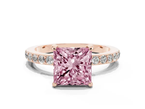 Fancy Pink Princess Cut Diamond Solitaire Engagement Ring with Pavé Band and Four-Prong Setting Rose gold