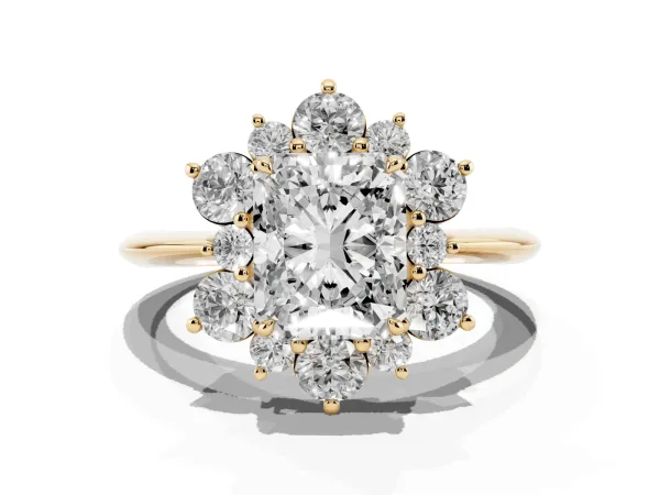 Radiant Cut Diamond Cluster Halo Ring with Solitaire Band and Four-Prong Setting Yellow gold