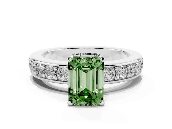 Fancy Green Emerald Cut Diamond Engagement Ring with Channel Set Round Band and Prong Setting White gold