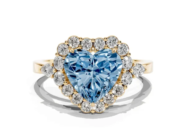 Fancy Blue Heart Cut Diamond Halo Ring with Pear Side Stones and Prong Setting Yellow gold