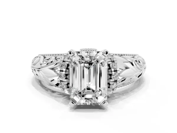 Emerald Cut Solitaire Filigree Engagement Ring with Halo and Prong Setting White gold