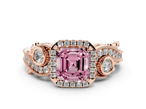 Fancy Pink Asscher Cut Halo Diamond Ring with Milgrain and Bezel Accents on a Split Shank Band Rose gold
