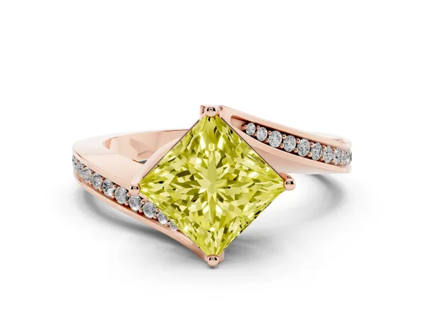 Fancy Yellow Princess Cut Solitaire Diamond Twist Band with Pavé Setting and Four-Prong Setting Rose gold