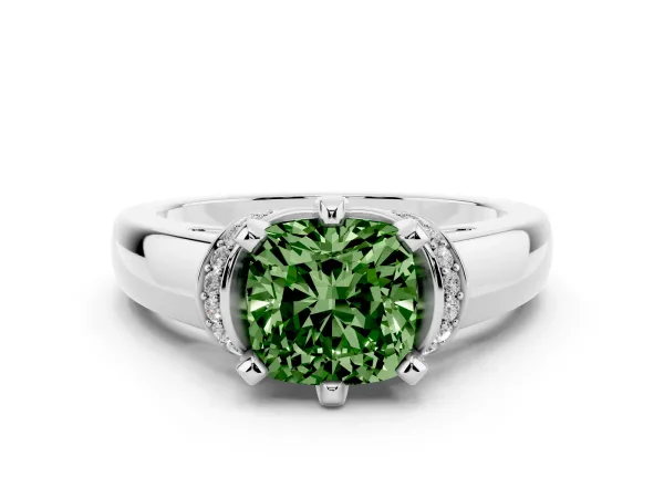 Fancy Green Cushion Cut Solitaire Diamond Ring with Pave Band and Six-Prong Setting Platinum