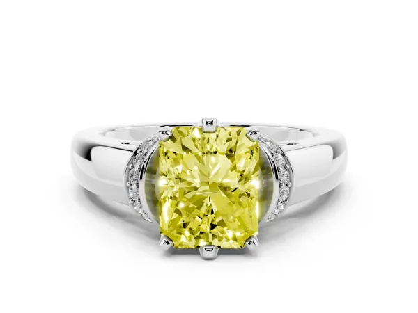 Fancy Yellow Radiant Cut Solitaire Diamond Ring with Pave Band and Six-Prong Setting Platinum
