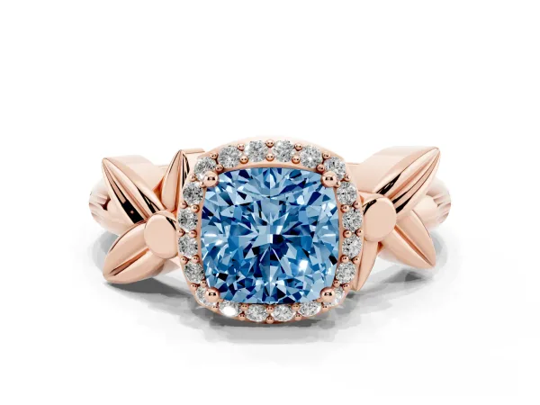 Fancy Blue Cushion Cut Halo Diamond Floral Band with Four-Prong Setting Rose gold