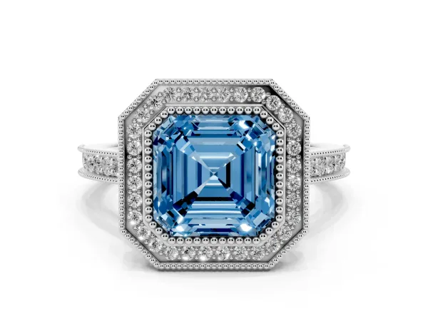 Fancy Blue Halo Asscher Cut-Cut Diamond Pave Band Milgrain Prong Setting Ring White gold