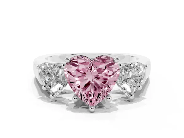 Fancy Pink Three-Stone Heart Cut Brilliant Diamond Trellis Ring with Comfort Fit Band Platinum