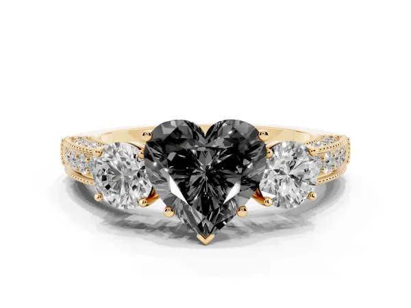 Fancy Black Heart Cut Three-Stone Diamond Ring with Pavé Band and Four-Prong Setting Yellow gold