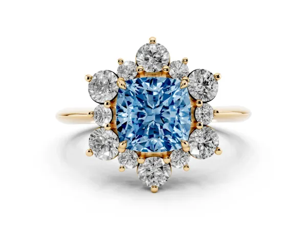 Fancy Blue Cushion Cut Diamond Cluster Halo Ring with Solitaire Band and Four-Prong Setting Yellow gold