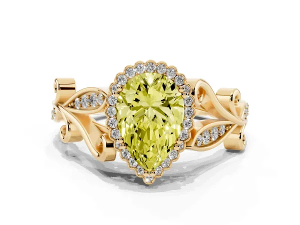 Fancy Yellow Pear Cut Diamond Halo Ring with Vintage Split Shank and Four-Prong Setting Yellow gold