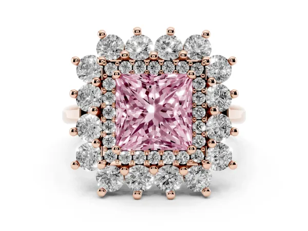 Fancy Pink Princess Cut Diamond Floral Double Halo Engagement Ring with Prong Setting Rose gold