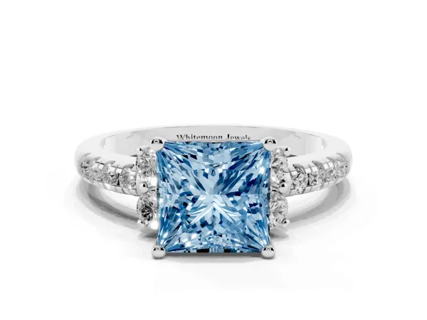 Fancy Blue Princess Cut Diamond Three-Stone Pave Band with Four-Prong Setting White gold