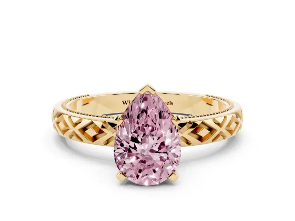 Fancy Pink Pear Cut Solitaire Diamond Ring with Milgrain and Black Enamel X Pattern Band Yellow gold