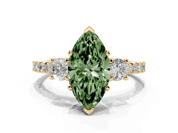 Fancy Green Marquise Cut Three-Stone Diamond Pavé Band with Prong Setting Yellow gold