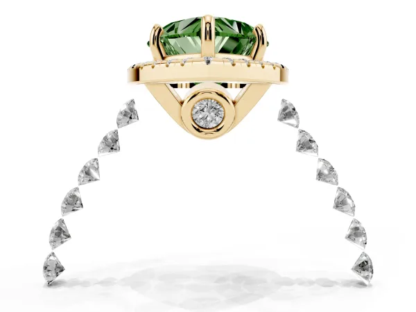 Fancy Green Heart Cut Halo Pavé Diamond Engagement Ring with Four-Prong Setting Yellow gold