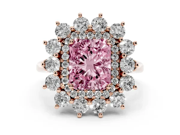 Fancy Pink Radiant Cut Diamond Floral Double Halo Engagement Ring with Prong Setting Rose gold
